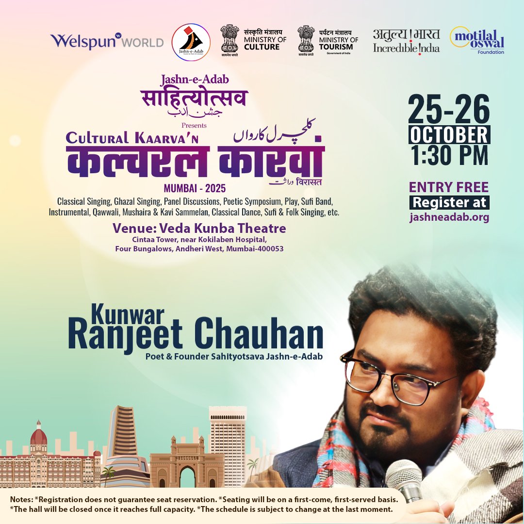 ✍️ Kunwar Ranjeet Chauhan – Poet &amp; Founder Sahityotsava Jashn-e-Adab is coming to Mumbai!
Join us at Jashn-e-Adab Sahityotsava Cultural Karva’n – Virasat, Mumbai for an inspiring celebration of literature, art, and culture.

📅 25–26 October 2025 
📍 Veda Kunba Theatre, Mumbai
