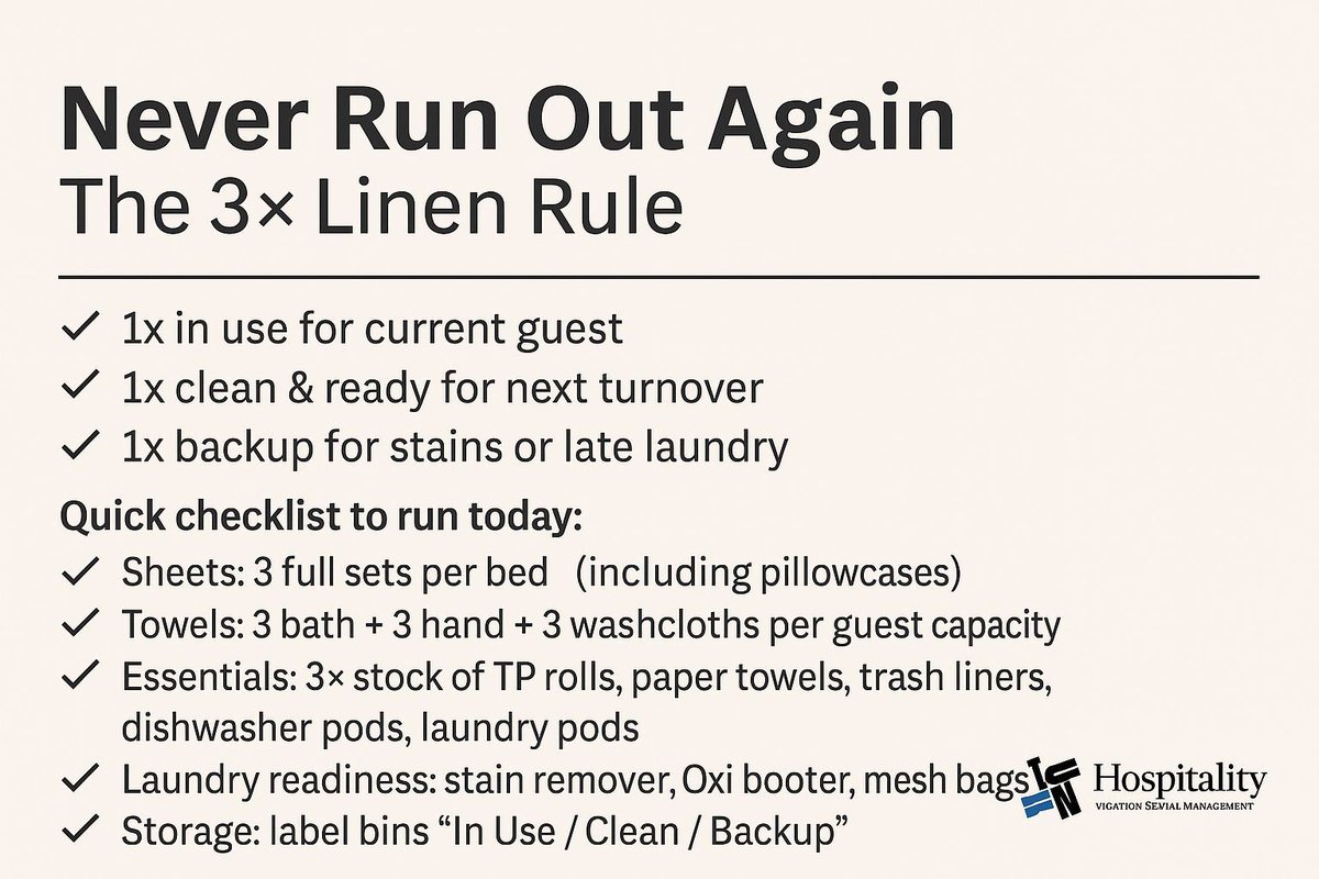 TurnHospitality's tweet image. Turn Tip: Stock 3× linens — 1 in use, 1 clean, 1 true backup. Chaos-proof turnovers ✅ #STR #HostTips #TurnHospitality