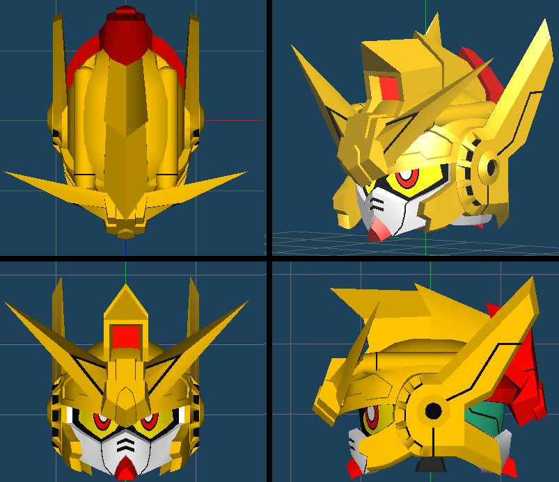 DivideTW's tweet image. ●ガンダム・ザ・ゴールド_ヘッド_ＳＤ&amp;amp;リアル
　だいたいこんな感じです、ってのが分かる感じに前・横・上からの画像+でっちあげ後頭部パーツ等のセット。

リアルヘッドは苦手な為、横からはお見せできないくらいのできデス；
#SDガンダム