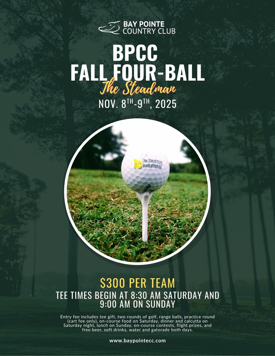 golfbaypointe's tweet photo. Register to play in this year’s BPCC Fall Four-Ball “The Steadman!”  Sign up by calling the golf shop at (601) 724-1408, or online at https://t.co/y5aVhDC7PB https://t.co/0DYNKHVS3I