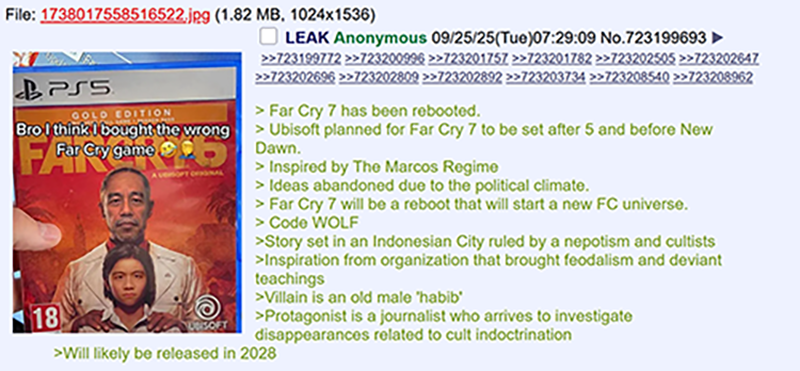 SEAGamethetic's tweet photo. Did you also know there was a leak for the original setting for Far Cry 7? apparently it was going to set in city from Indonesia and based on cults and nepostism

This info comes directly from 4chan so it's still unclear https://t.co/lo50o0W8Eq