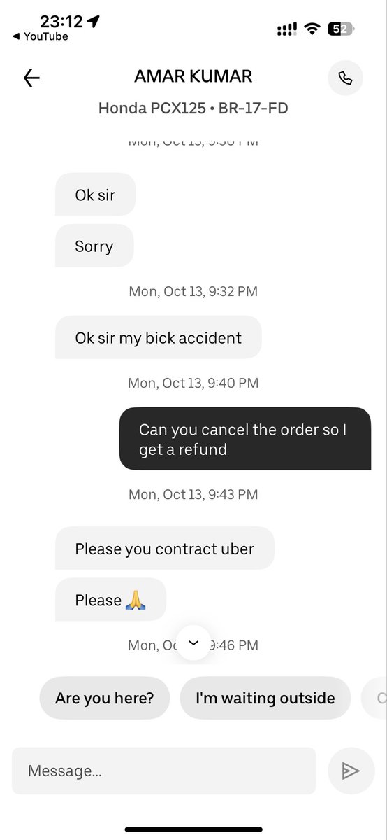 TwoPiscis's tweet photo. @UberEats needs to change their policy. 
Driver arrives with my dinner 3h delayed, after his bike broke and after I told him I don’t want the order anymore. 
Apparently I am still forced to receive the order and no refund. https://t.co/MnZ0FmQUFb
