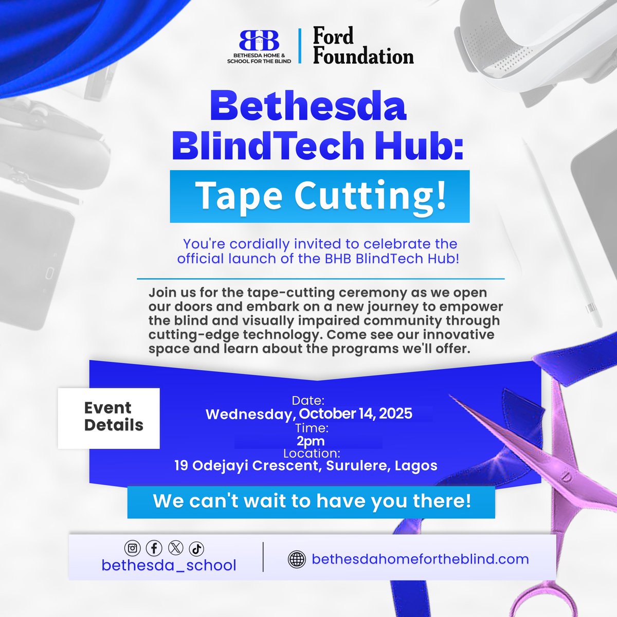 We’re super excited to announce that Bethesda Home for the Blind is launching a new hub on October 14th, 2025! To kick things off, we'll be having a ribbon-cutting ceremony 

This hub will provide support for the visually impaired community.