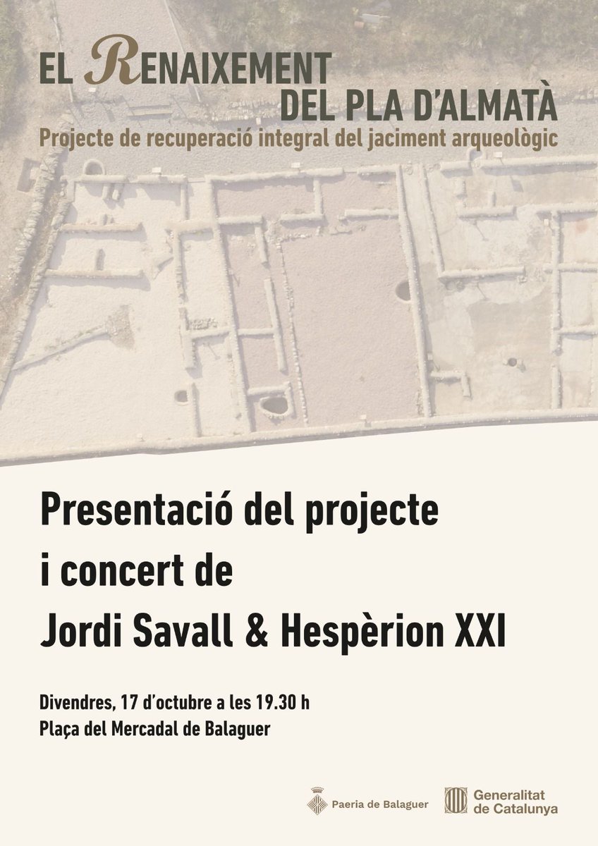 🆕 Acte de presentació del projecte ‘El Renaixement del Pla d’Almatà’ per a la recuperació integral del jaciment arqueològic.

🗓️ Divendres - 17 d’octubre
🕣 19.30 h 
📍 Plaça del Mercadal

Us hi esperem!
