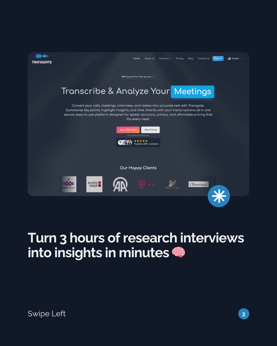 TransgateAI's tweet image. With Transgate.ai, you can transcribe interviews, focus groups, and lectures.

Generate instant summaries and key highlights, and chat with your transcripts.

🚀 Pay only for what you use, no subscription, no commitment.

✨#researchtools #aitranscription #speechtotext