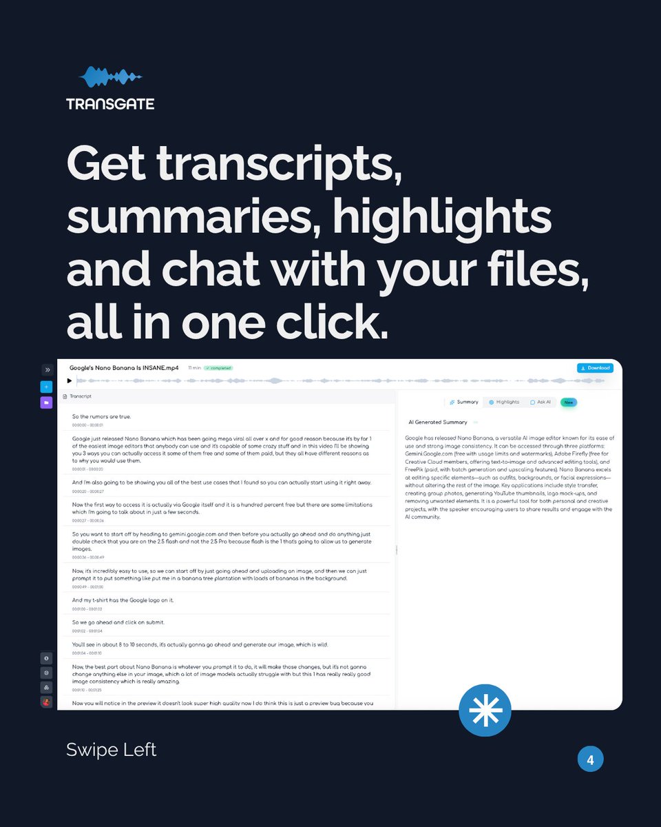 TransgateAI's tweet image. With Transgate.ai, you can transcribe interviews, focus groups, and lectures.

Generate instant summaries and key highlights, and chat with your transcripts.

🚀 Pay only for what you use, no subscription, no commitment.

✨#researchtools #aitranscription #speechtotext