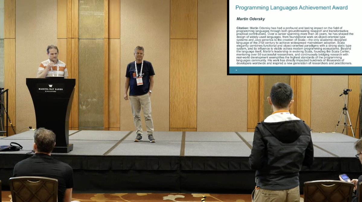 adamwarski's tweet image. Congratulations @odersky for receiving the Programming Languages Achievement Award @icfp_conference - well deserved! :)

I can only confirm what it says on the citation, your work deeply impacted how I view programming.

Let&apos;s work towards making #Scala a continued success!