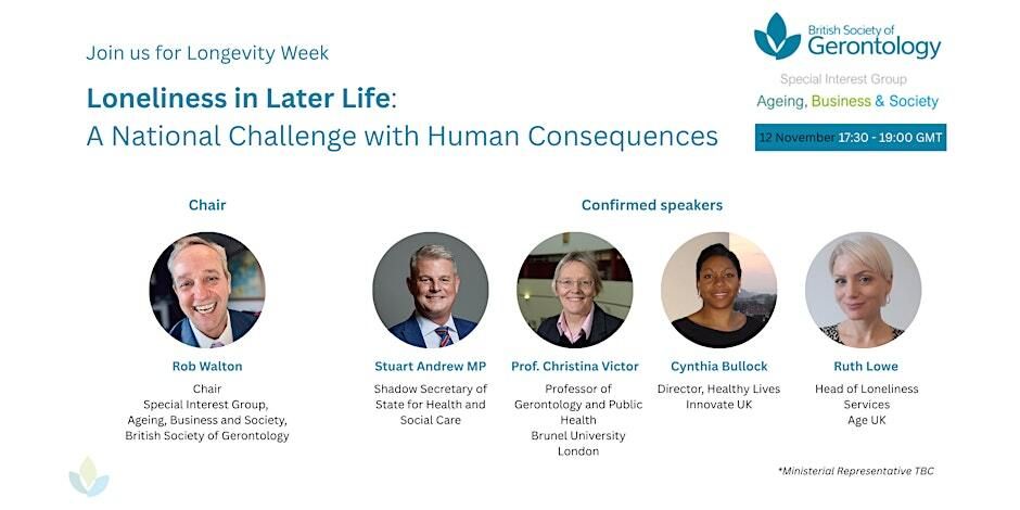 Longevity_Forum's tweet photo. Join British Society of Gerontology @BsgTechAgeSig for “Loneliness in Later Life: A National Challenge with Human Consequences.” Explore solutions that strengthen connection and health. Be part of the conversation—register now: https://t.co/kVCtjr4y5h
#LongevityWeek https://t.co/DCBHHpr9VU