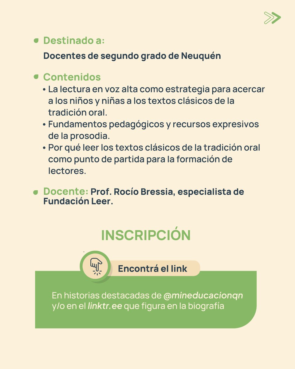 🗣 Leer en voz alta los clásicos: Estrategias e ideas para la lectura

📅 23 de octubre
18:30 a 20 vía ZOOM

👥 Destinado: docentes de segundo grado de Neuquén

✍ Inscripción: short.do/_Gx5hw