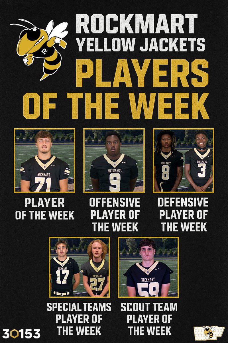 Congrats to our Players of the Week against North Cobb Christian

POTW: Bricen Floyd
Offensive POTW: Devin McCoy
Defensive POTW: DJ Kennedy &amp; Maxin Ware
Special Teams POTW: Ryder Brinkley &amp; Mitchell Whitley
Scout Team POTW: Barrett Bowman

🪨🐝
#STS