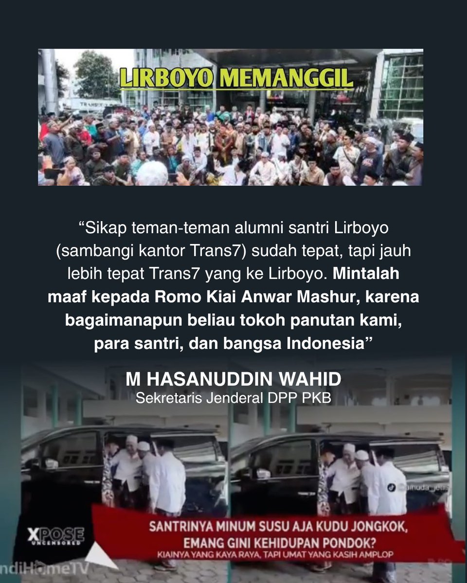 voiceofpkb's tweet image. Tayangan Trans7 bukan hanya lukai pesantren Lirboyo, tapi hati santri se-Indonesia.

PKB @dpp_pkb @emhasanuddin tegas: jgn permainkan martabat kiai, santri, dan pesantren. Krn dari merekalah nilai2 adab, akhlak, dan kecintaan kepada negeri ini tumbuh.

#pesantren #boikottrans7