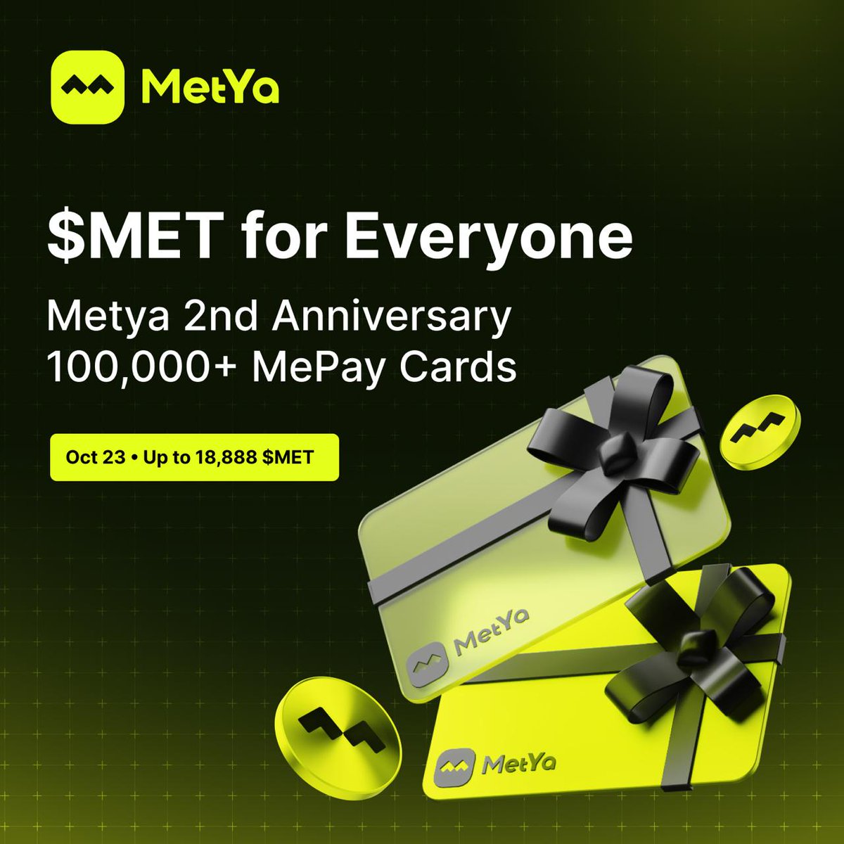 metyacom's tweet image. 🌕 #Metya 2nd Anniversary × #MePay hits 100,000 cards!
Double celebration for Web3! 🎉
Sunshine Airdrop ☀️ Everyone wins:
1.Like + RT this post & follow @metyacom
2.Comment your BSC address
🎁 Random airdrop—up to 18,888 $MET on Oct 23 (UTC)
As a pioneer in…