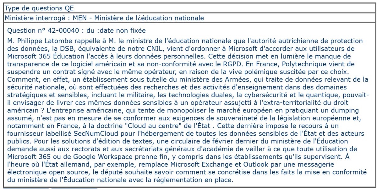 Philippe Latombe (@platombe) on Twitter photo Après la décision de la DSB (eq Cnil autrichienne) et la décision de suspension de la part de polytechnique du deplouelent d'O365 education de <a href="/microsoftfrance/">Microsoft France</a>, retrouvez ma question au tout nouveau ministre <a href="/education_gouv/">Ministère Éducation nationale</a> 👇 Après la décision de la DSB (eq Cnil autrichienne) et la décision de suspension de la part de polytechnique du deplouelent d'O365 education de <a href="/microsoftfrance/">Microsoft France</a>, retrouvez ma question au tout nouveau ministre <a href="/education_gouv/">Ministère Éducation nationale</a> 👇