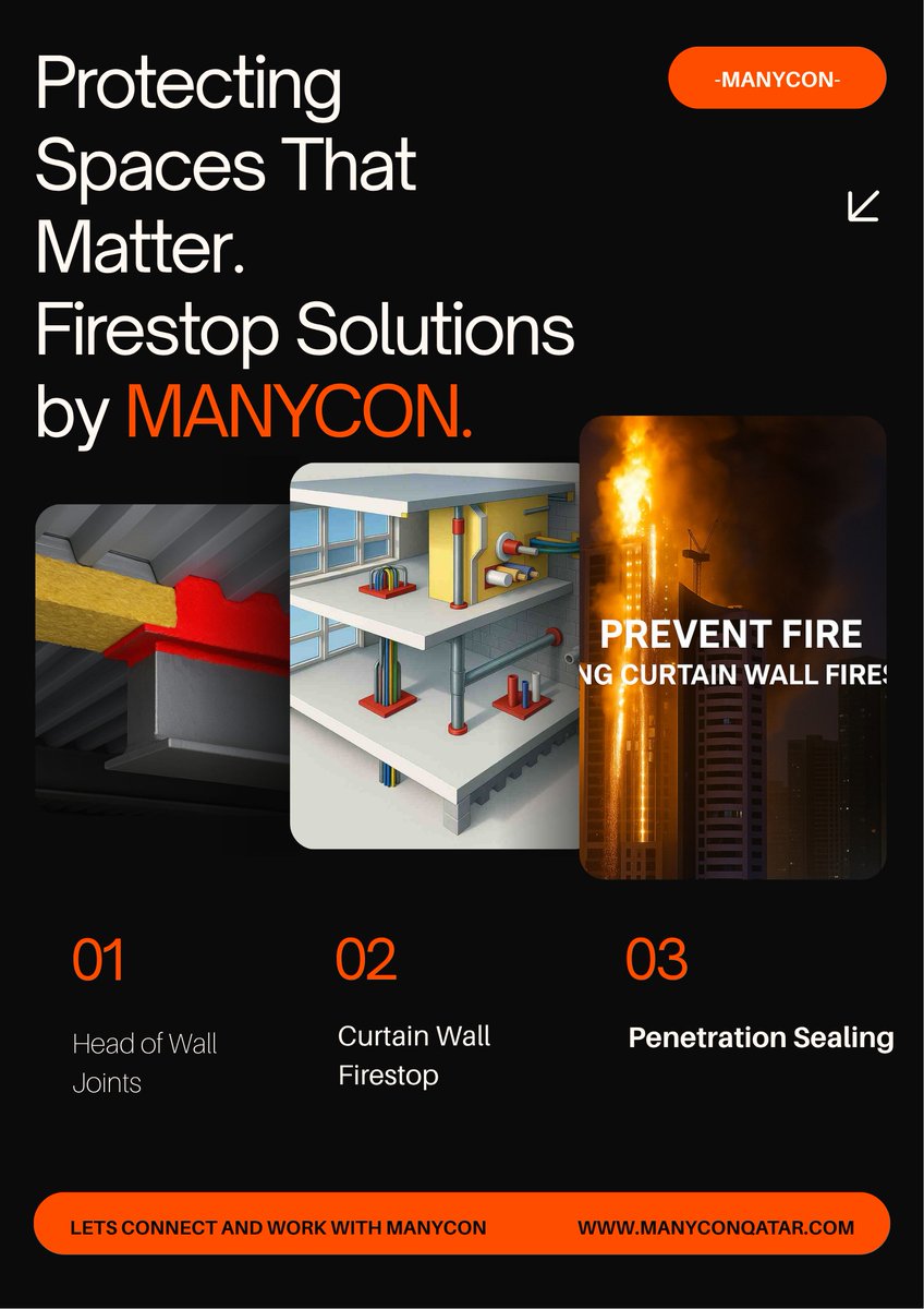 ManyconC's tweet image. 🔥 Professional &amp;amp; Impactful
Protect your buildings from unseen fire threats.
MANYCON’s certified Firestop Solutions—for walls, joints, and penetrations—ensure your spaces stay safe, sealed, and compliant.
#FirestopSolutions #PassiveFireProtection #MANYCON #QatarSafety