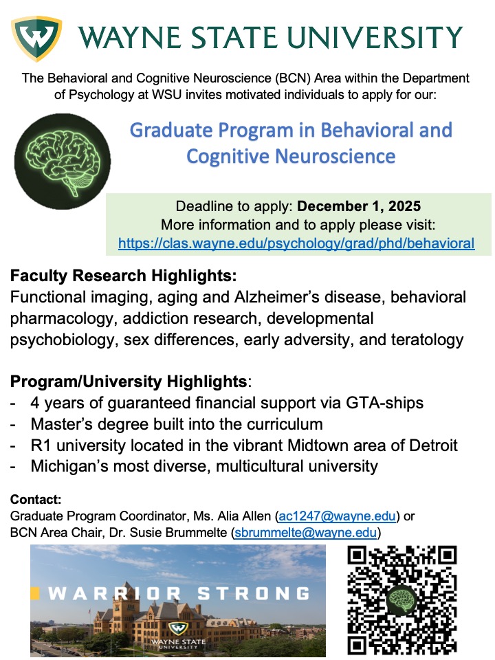 ScientificRuvvy's tweet photo. Applications open for the Behavioral &amp; Cognitive Neuroscience Program at @waynestate! Our program and faculty provide training in animal &amp; human models of behavior, cognition, &amp; psychopathology across the lifespan.

I will be taking a student for Fall '26! Come w/ us @RuvvyLab! https://t.co/oXkM9jIFeF