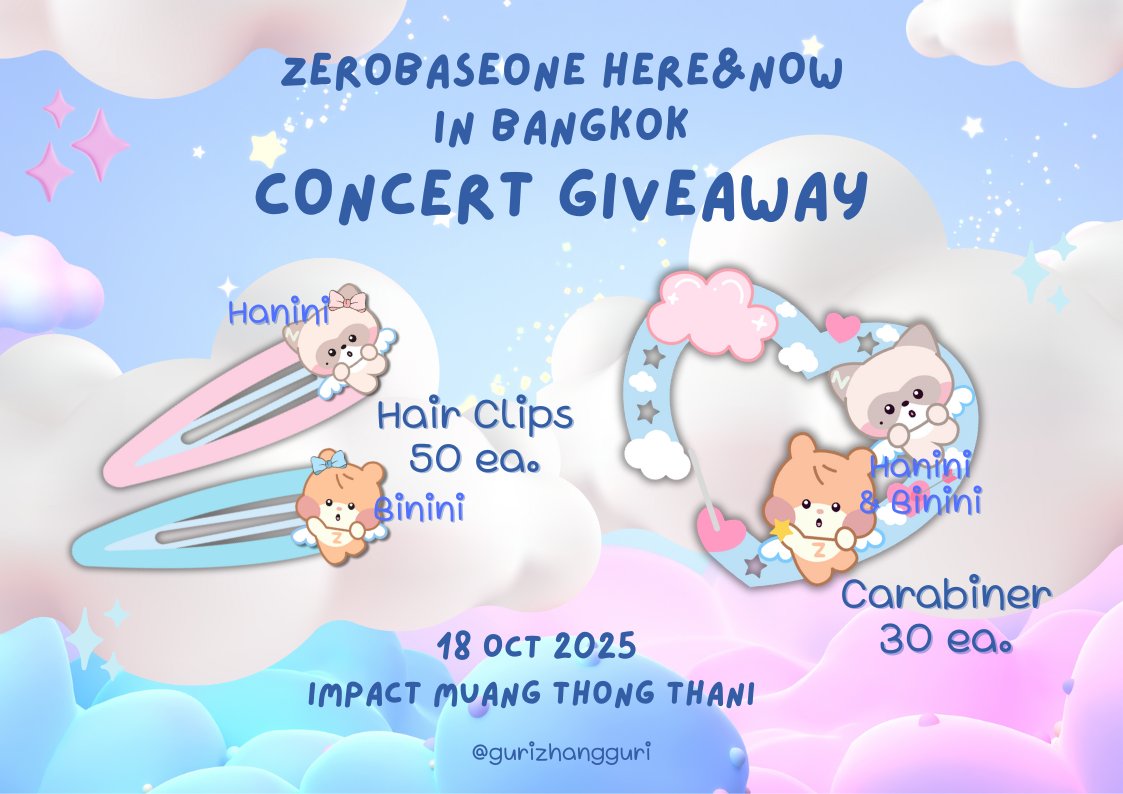 .    ᐢ⑅ᐢ
.꒰ ˶• ༝ •˶꒱
./づ~ ♡ giveaway for #ZB1HEREandNOWinBKK ♡

ʚɞ Hanini Hair Clip 30 ea
ʚɞ Binini Hair Clip 20 ea
ʚɞ Binini&amp;Hanini Carabiner 30 ea

📍 impact challenger 
🗓️ 18/10/25 (start 10.30)

RT + show plus chat

#2025_ZEROBASEONE_WORLDTOUR_HEREANDNOW_IN_BANGKOK