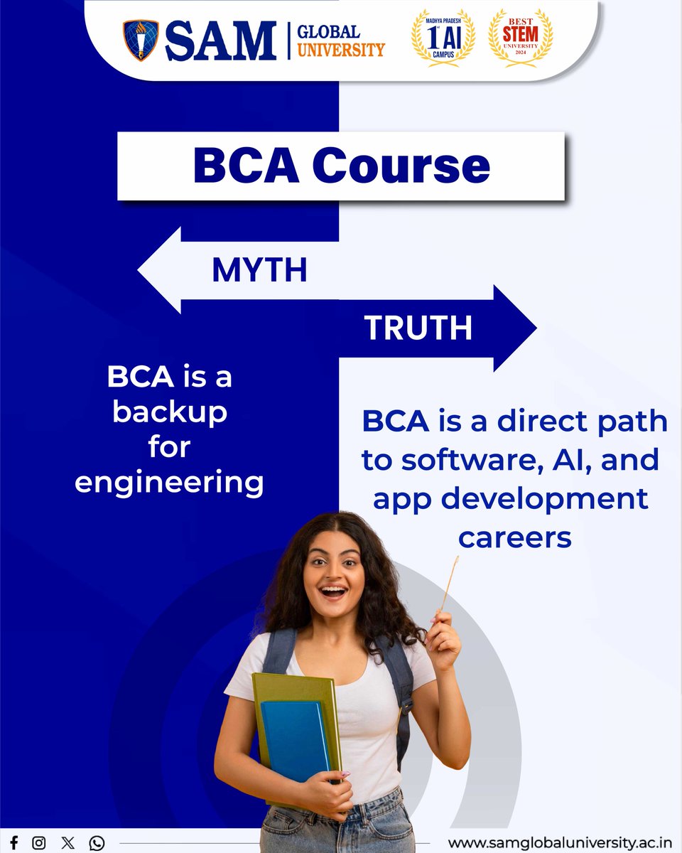 samglobalunibpl's tweet image. 🚀 A BCA isn’t a backup plan — it’s a fast track into the tech world.

At SAM Global University, students code, build, and innovate from Year 1 — mastering AI, full-stack dev, and real-world problem-solving.

#BCAisTech #BeyondEngineering #TechCareers #SAMGlobalUniversity #Bhopal