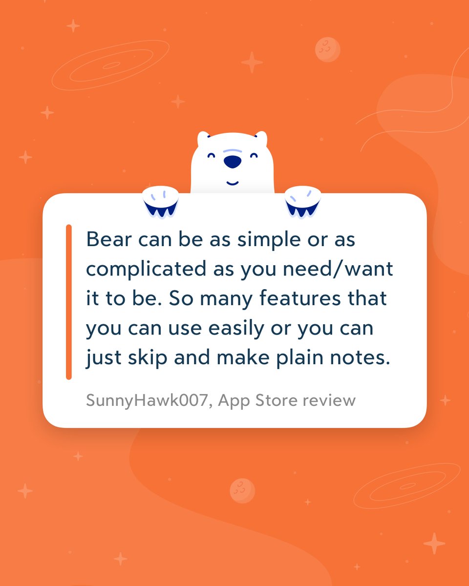 BearNotesApp's tweet image. Reviews like this remind us why we built Bear in the first place. 😌

If Bear has made your day a little easier, leave us a review on the App Store and help others discover it too. 🐻❤️