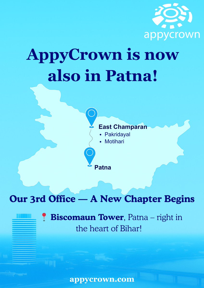 AppyCrown's tweet image. 💙 AppyCrown is now also in Patna! 💙
Thrilled to share that we’ve extended our presence with a new office space — right in the heart of Bihar —
📍 Biscomaun Tower, Patna!
#Company #AppyCrown #SalesforcePartner #Salesforce