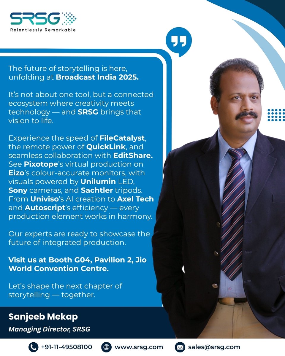 Our MD, Sanjeeb Mekap, shares SRSG’s vision for integrated broadcast workflows at #BroadcastIndia2025.

From FileCatalyst to Pixotope — experience the full ecosystem in action.

📍 Booth G04, Pavilion 2, Jio World Convention Centre.
...
#SRSG #MediaTech #LiveProduction