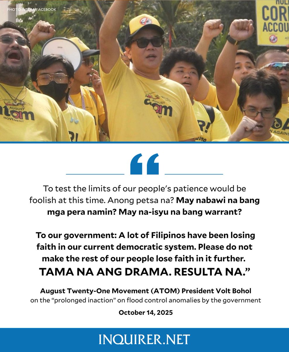 inquirerdotnet's tweet image. 'TAMA NA ANG DRAMA. RESULTA NA'
The August Twenty-One Movement (ATOM) called out the Marcos administration over the “prolonged inaction” on the alleged corruption surrounding flood control projects, questioning how the promise to go after the big fish remained undone.
READ…