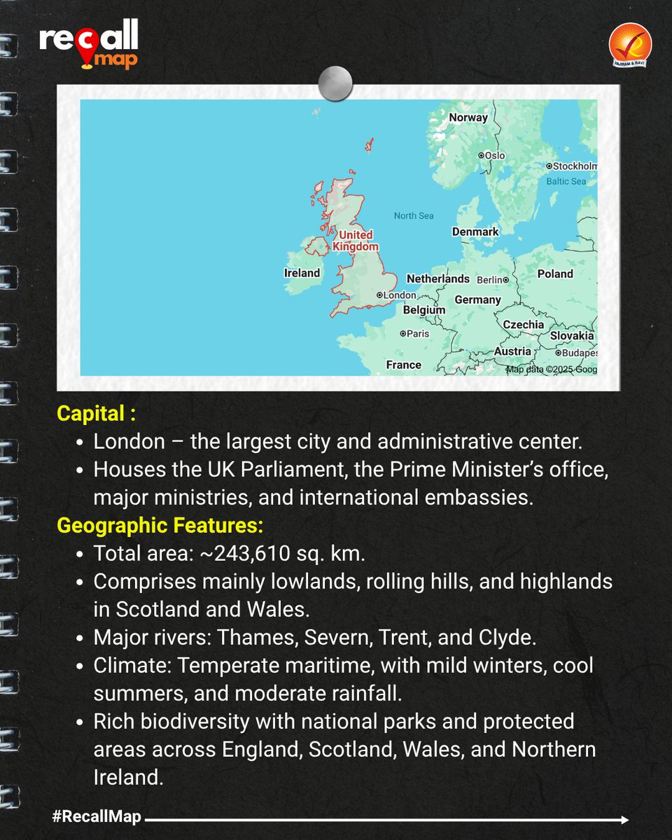 VajiramRavi's tweet image. #RecallMap: The United Kingdom is an island nation in northwestern Europe.
Swipe to read more about this country.
#UPSC #UPSCMApping #GS1Mapping # #UnitedKingdom #UPSCPreparation #GeographyNotes #CurrentAffairs #GS1 #StudyMap #UKFacts #MapLearning