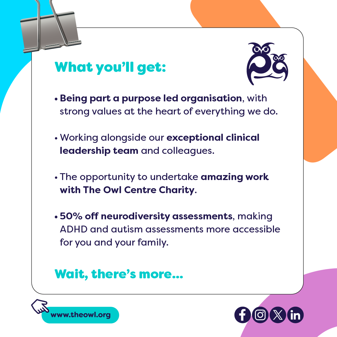 TheOwlCentre's tweet photo. 🦉 We’re hiring! 🦉

The Owl Centre is looking for Highly Specialist Autism Assessors - both Associate &amp; Employed roles.

If you’re ADOS-2 trained with 12+ months’ diagnostic experience, come and join our Neurodiversity team.

https://t.co/mphzfIMRFW 
🦉 https://t.co/CalO7ejAmQ