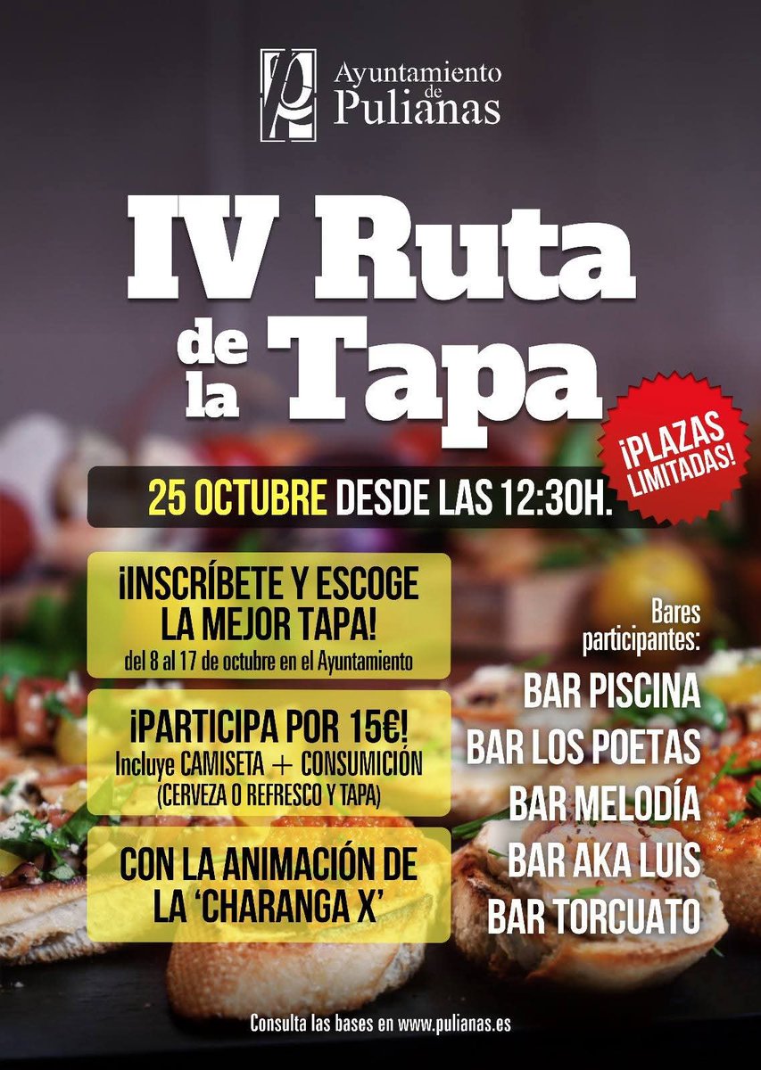 📣 ¡Vuelve la IV Ruta de la Tapa a Pulianas! 🍢
El 25 de octubre disfrutaremos de una jornada gastronómica que impulsa la hostelería local y el buen ambiente en nuestros bares.
✍🏼 Inscripciones en el Ayuntamiento hasta el 17 de octubre.
#Pulianasconsucomercio