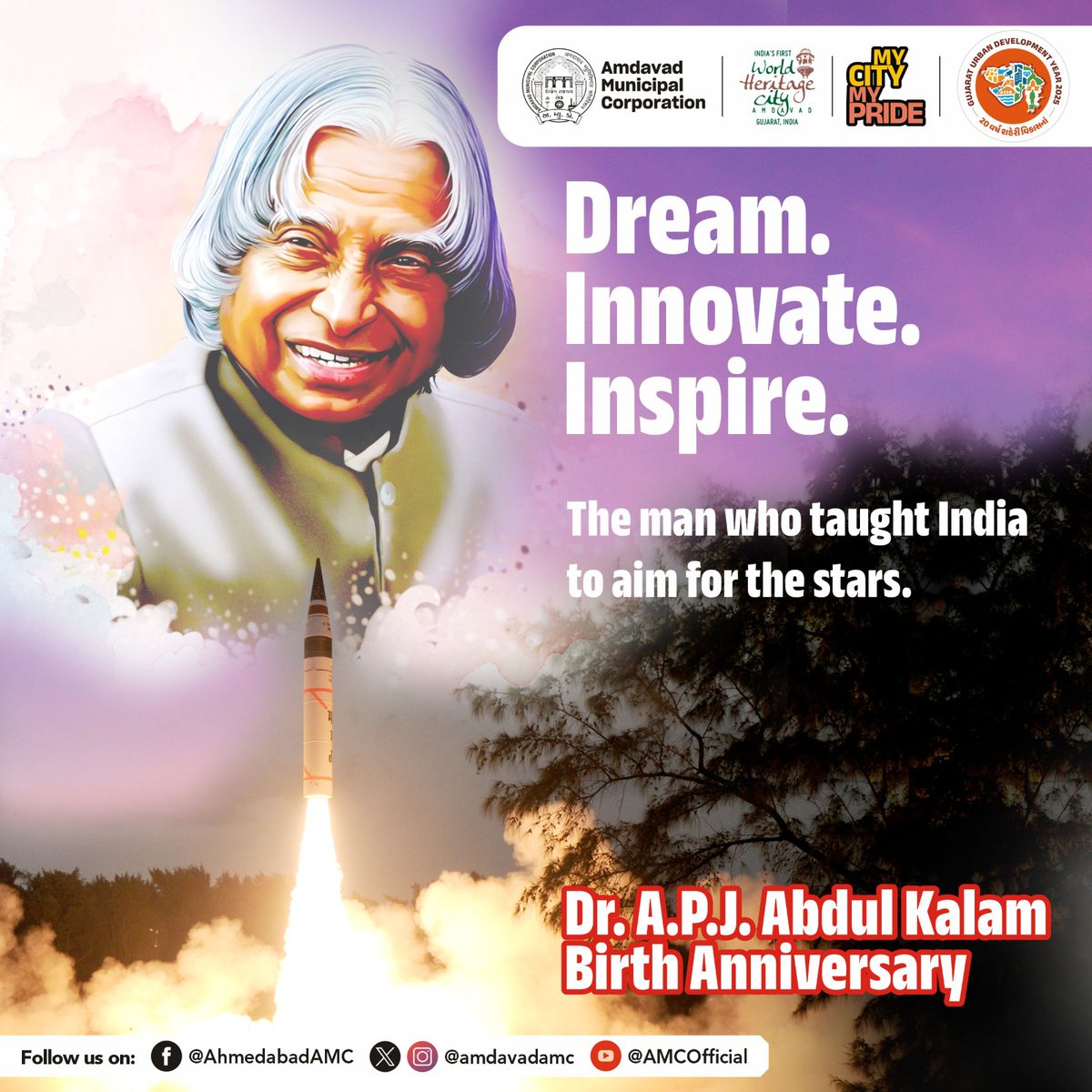 AmdavadAMC's tweet image. Scientist, Missile Man of India, People’s President – Dr Kalam wore many hats and spent his life in serving our nation. His simplicity, hard work and vision continue to shape and inspire the youth. On his birth anniversary, let us commit to being lifelong learners and dream big.…