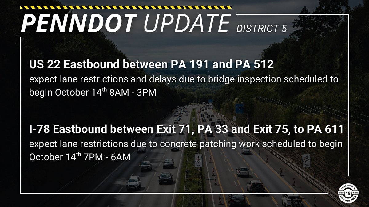 ⚠️ Upcoming PennDOT projects scheduled throughout the Lehigh Valley with lane restrictions - expect delays and please use caution driving through the work zone.⚠️

Find the details: buff.ly/gbYdQ4D

Residents can subscribe to alerts and updates at penndot.pa.gov/District5.