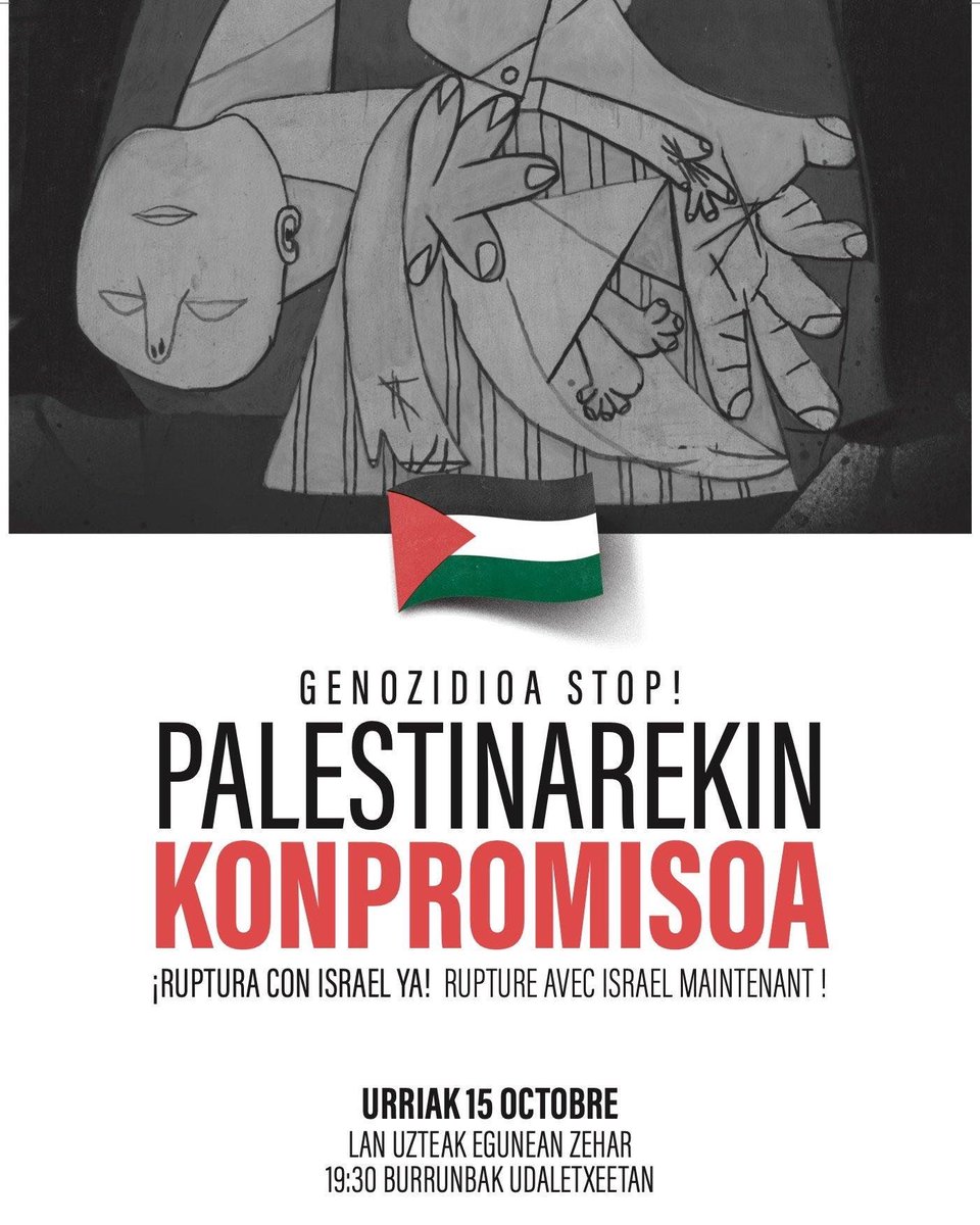Sortuk bat egiten du sindikatuek eta Gernika-Palestina herri ekimenak urriaren 15erako deitu dituzten lanuztearekin eta mobilizazioekin.

11:00etatik 14:00etara egoitzak itxi eta mobilizazioetan parte hartuko dugu.

#GenozidioaSTOP
#FreePalestine