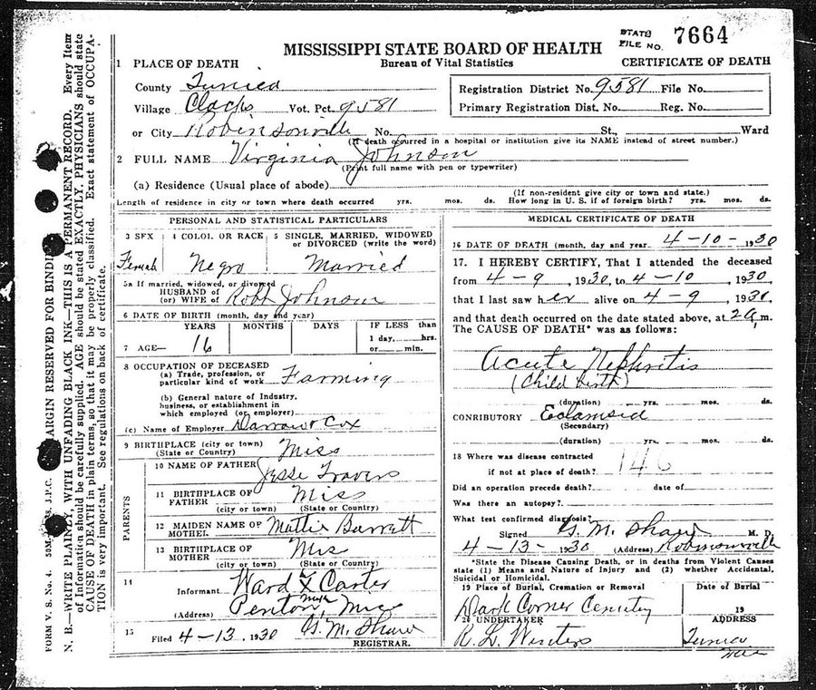 What probably affected the most #RobertJohnson 's life was the death of his beloved young wife Virginia. They were so eager to get married that Robert &amp; Virginia Travis lied on their marriage record; he claimed he was 21 &amp; Virginia that she was 18 while he was only 17 &amp; she was