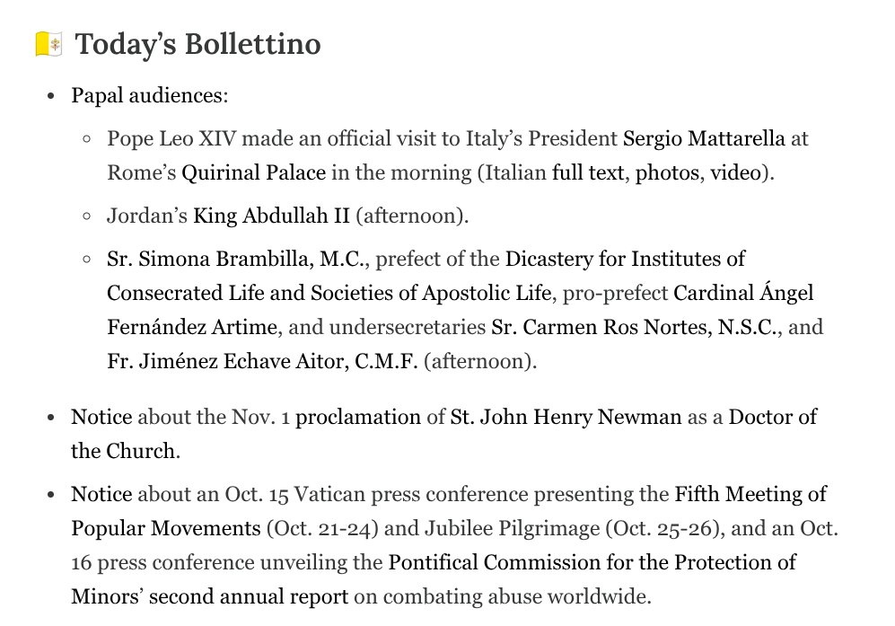 ‣Leo XIV sends antibiotics to Gazan children 🇻🇦 

‣Pope Leo makes official visit to Italy's President 🇮🇹

‣Knoxville diocese to end parish TLMs 🇺🇸

‣KwaZulu-Natal bishops to priests: Avoid syncretism 🇿🇦 

S7 tinyurl.com/3f3a8m6s

Sign up tinyurl.com/ye6u5xb4