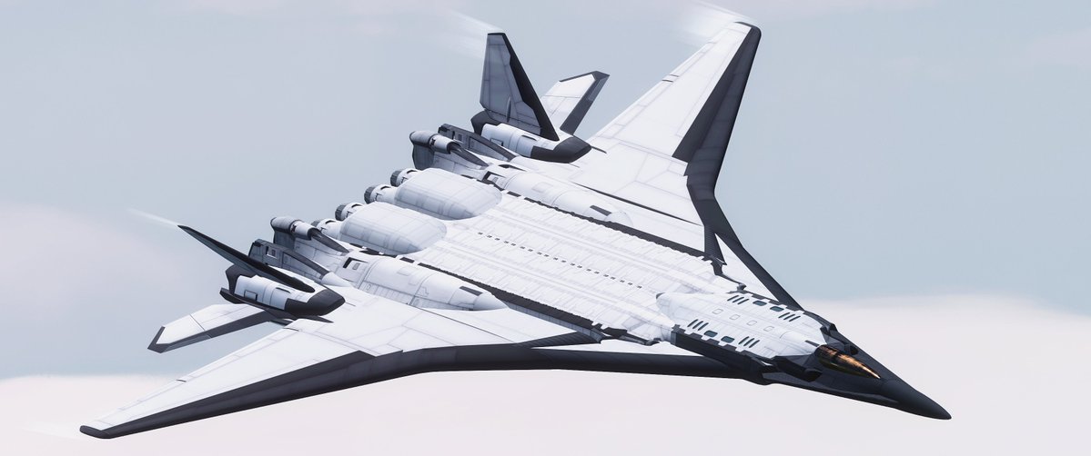 vanlaukaus's tweet image. My take on a cargo HTHL SSTO spaceplane (see Star Raker). Boasts jet engines, turbo ramjets, scramjets and two linear aerospikes.
Visually feels like a mix of the MiG-29, Su-57 and the original Star Raker with a drop of Star Citizen's Aegis Eclipse to me.