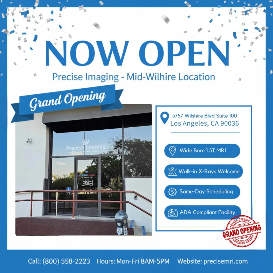 PreciseImaging's tweet image. Precise Imaging&apos;s new Mid-Wilshire location is officially OPEN! Get the precise diagnostics you need with easy access to Wide Bore 1.5T MRI, welcome walk-in X-rays, and the flexibility of same-day scheduling. Plus, our facility is fully ADA compliant. 5757 Wilshire Blvd Suite 100