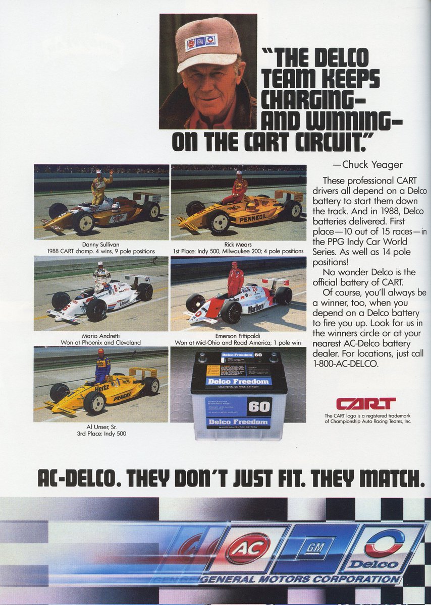 ChampCar4Ever (@champcar4ever) on Twitter photo A Delco ad from 1988 with Chuck Yeager. A Delco ad from 1988 with Chuck Yeager.