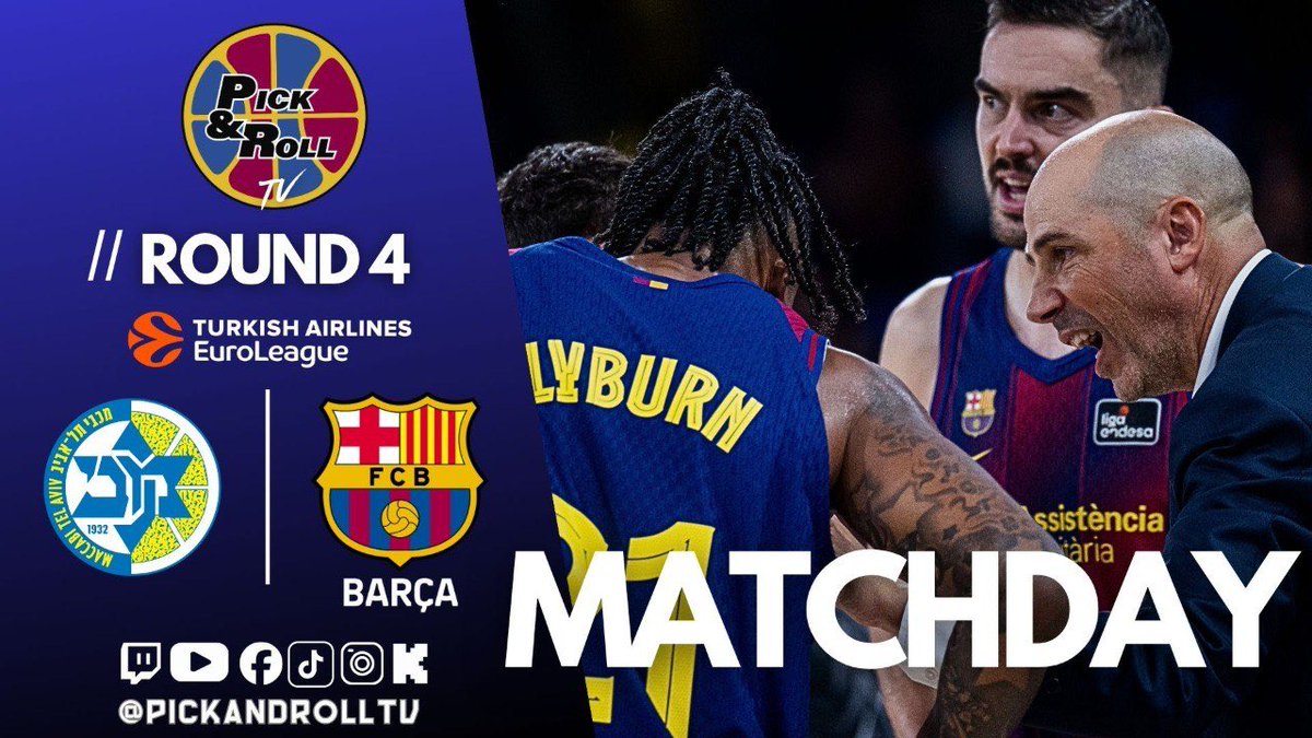🏀 MATCHDAY 

📆 <a href="/EuroLeague/">EuroLeague</a> | ROUND 4

⏰ A partir de las 18:30h, en Pick And Roll TV:  

🟡⚪️ MACCABI TEL AVIV
vs
🔵🔴 BARÇA BASKET

📺 Vívelo con nosotros en:  

🔴 youtube.com/@pickandrolltv  
🟣 twitch.com/pickandrolltv  
🟢 kick.com/pickandrolltv  
⚫️ tiktok.com/@pickanrolltv