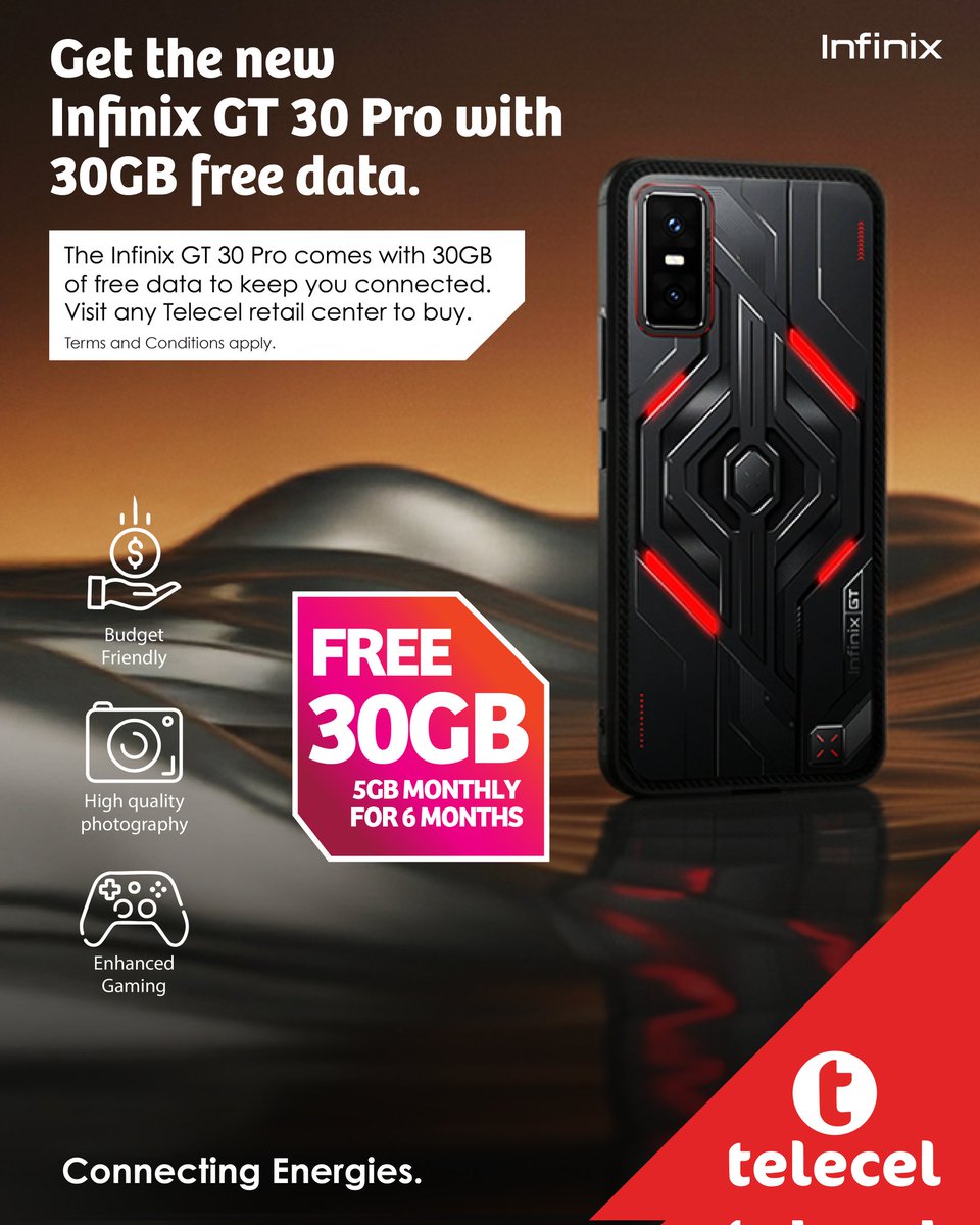 Introducing the new Infinix GT 30 Pro built for your lifestyle!
Purchase and get 30GB FREE data (5GB every month for 6 months) and enjoy.