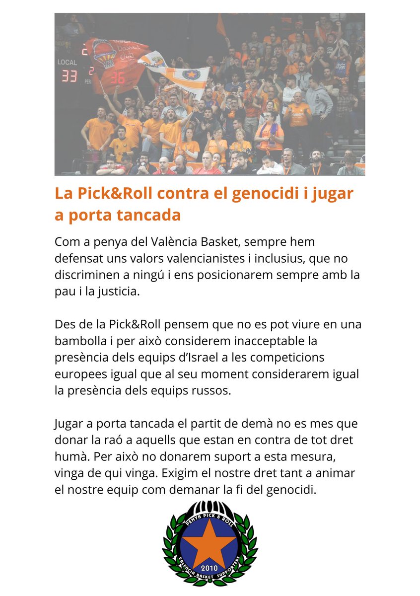 Comunicat oficial de la penya. 

Contra el genocidi a Gaza i les pressions sionistes al mon de l'esport.