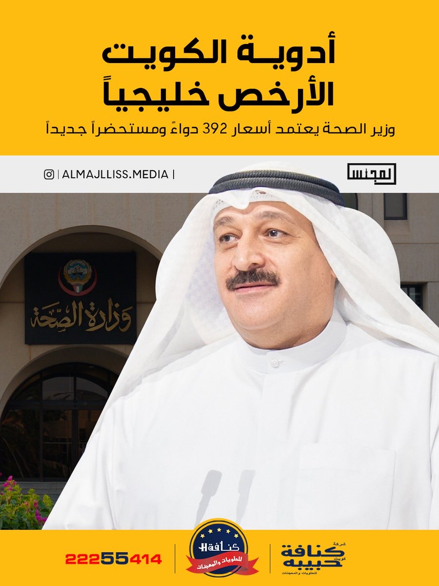 Almajlliss's tweet image. وزير الصحة الدكتور أحمد العوضي يعتمد تسعير 392 دواء ومستحضراً صيدلانياً ومكمّلاً غذائياً.

•ضمن 1580 منتجاً تمت مراجعتها وتسعيرها خلال عام.. لتكون الأرخص خليجياً. 

• شملت أدوية حديثة لعلاج السمنة والضغط والحساسية وضغط العين والسرطان والزهايمر والصداع النصفي والإنفلونزا.