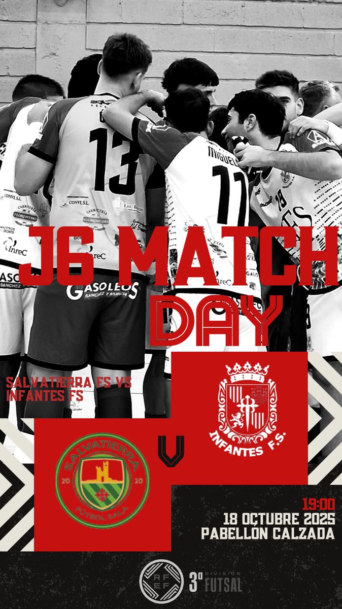 TERCERA FUTSAL RFEF 25-26  (J 6)
📅 Sábado 18 de octubre 
🕒 19,00 horas
🆚   SALVATIERRA FS
🏟️ Pabellón Calzada de Calatrava