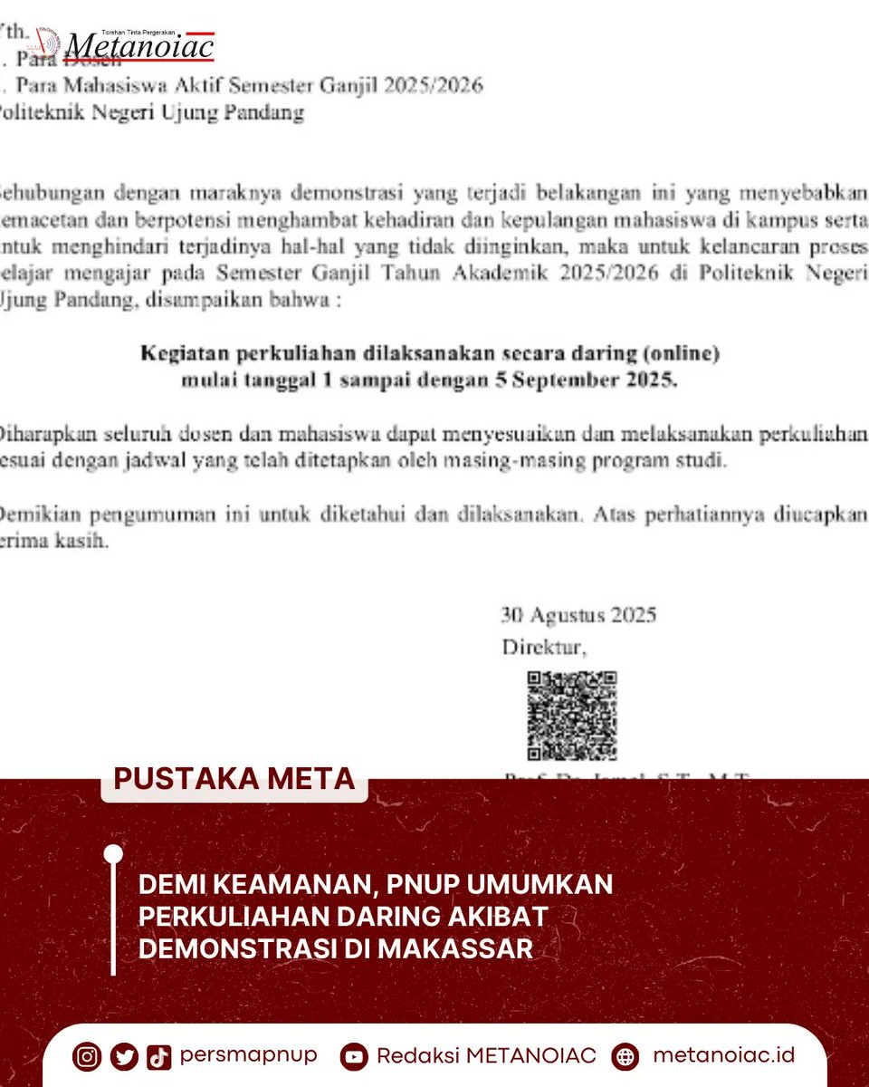 PNUP resmi mengumumkan bahwa kegiatan perkuliahan semester ganjil Tahun Akademik 2025/2026 akan dialihkan ke sistem daring (online)

Baca dengan klik tautan di bio kami!

Salam PERSMA!
Salam Perubahan!

instagram:<a href="/persmapnup/">METANOIAC</a>

#TorehanTintaPergerakan