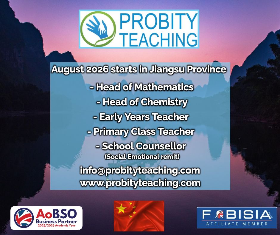 Probityteaching's tweet image. 🇨🇳 Are you looking to teach in China?
We have some fantastic opportunities including:
📘 Head of Maths
⚗️ Chemistry
🧩 Primary
🎨 EYFS
💬 Social Emotional Counsellor
📩 Contact us at info@probityteaching.com
#teachingjobs #chinajobs #internationalteaching #educationcareers