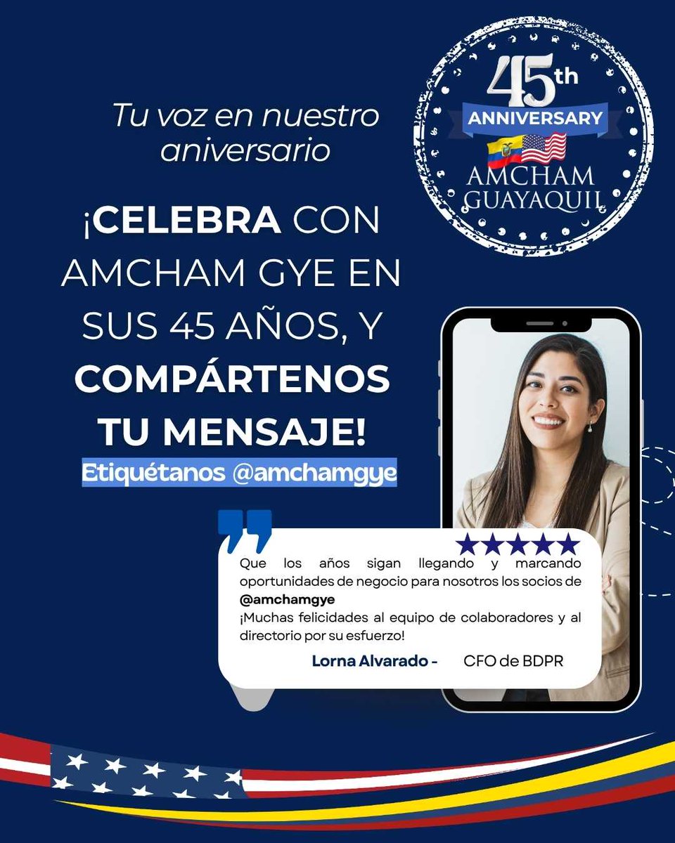 🎉 ¡AmCham Guayaquil cumple 45 años!
Súmate a esta celebración y comparte tu mensaje.
📢 Etiquétanos en <a href="/amchamgye/">AMCHAM Guayaquil</a> y celebremos juntos el impacto del comercio binacional.
#AmChamGYE #45AñosAmCham #NetworkingEmpresarial