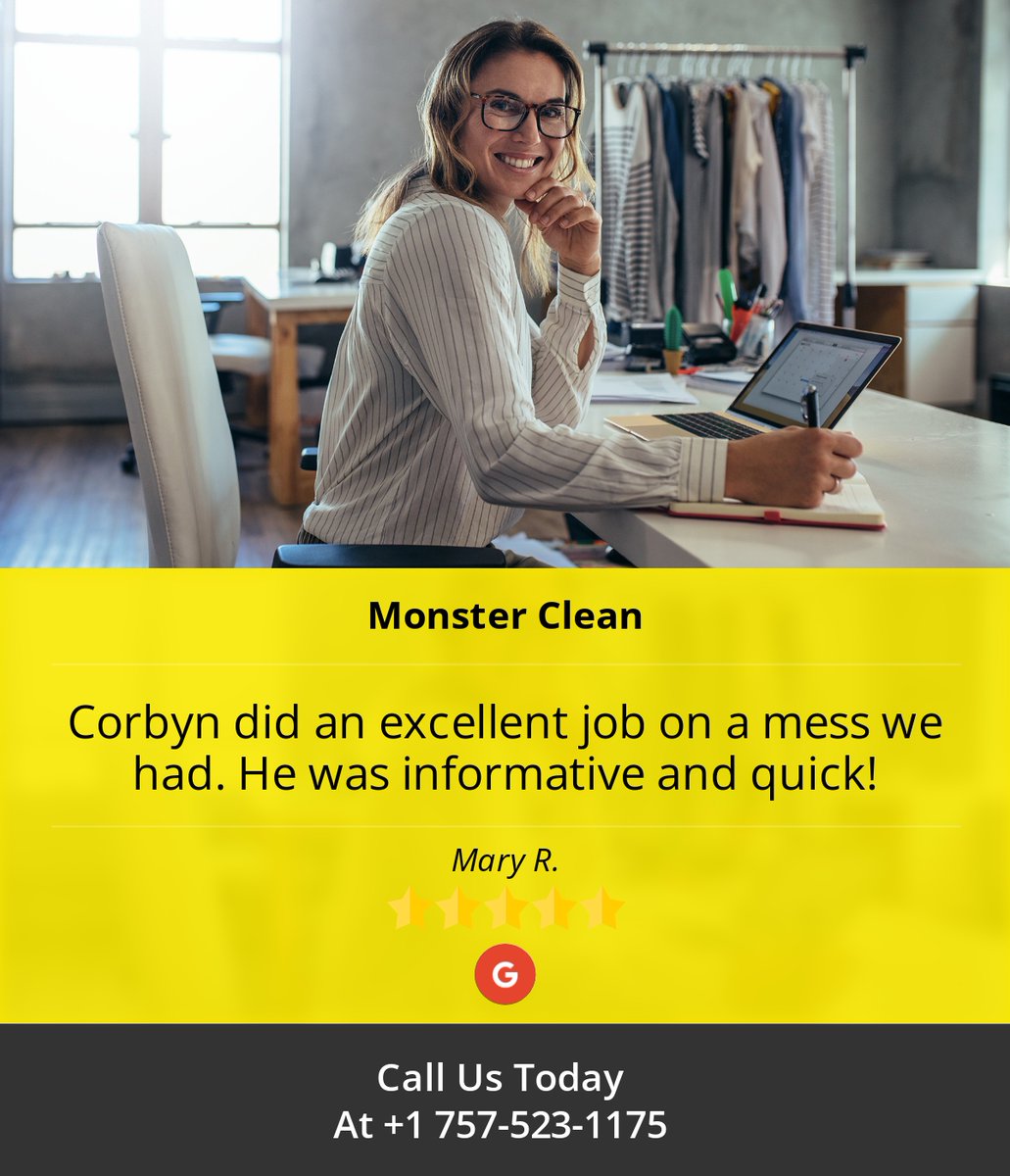 MonsterCleanVA's tweet image. 5 Star: Mary R. "Corbyn did an excellent job on a mess we had. He was informative and quick!"
