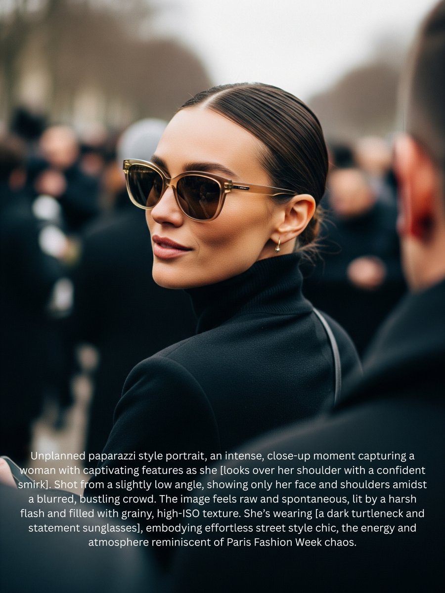pewdenai's tweet image. Prompt Share: Create unplanned, paparazzi style portraits with AI.
Raw, spontaneous close up moments that feel straight out of fashion week chaos. harsh flash, motion blur, cinematic and effortless street style elegance.
Base Prompt ⬇️