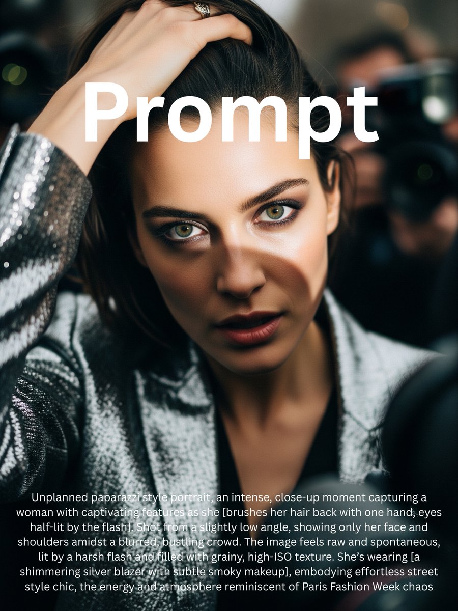 pewdenai's tweet image. Prompt Share: Create unplanned, paparazzi style portraits with AI.
Raw, spontaneous close up moments that feel straight out of fashion week chaos. harsh flash, motion blur, cinematic and effortless street style elegance.
Base Prompt ⬇️