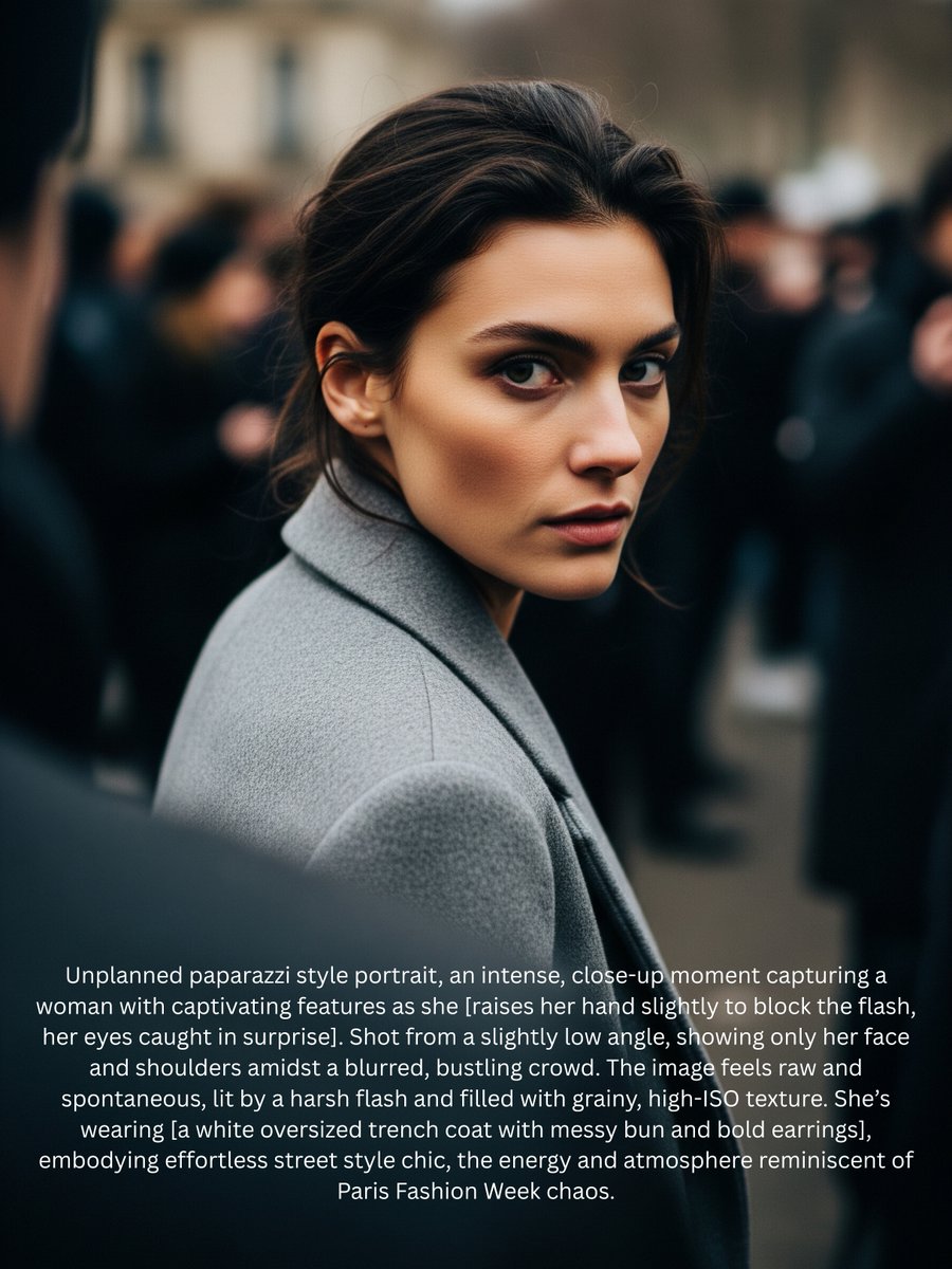 pewdenai's tweet image. Prompt Share: Create unplanned, paparazzi style portraits with AI.
Raw, spontaneous close up moments that feel straight out of fashion week chaos. harsh flash, motion blur, cinematic and effortless street style elegance.
Base Prompt ⬇️