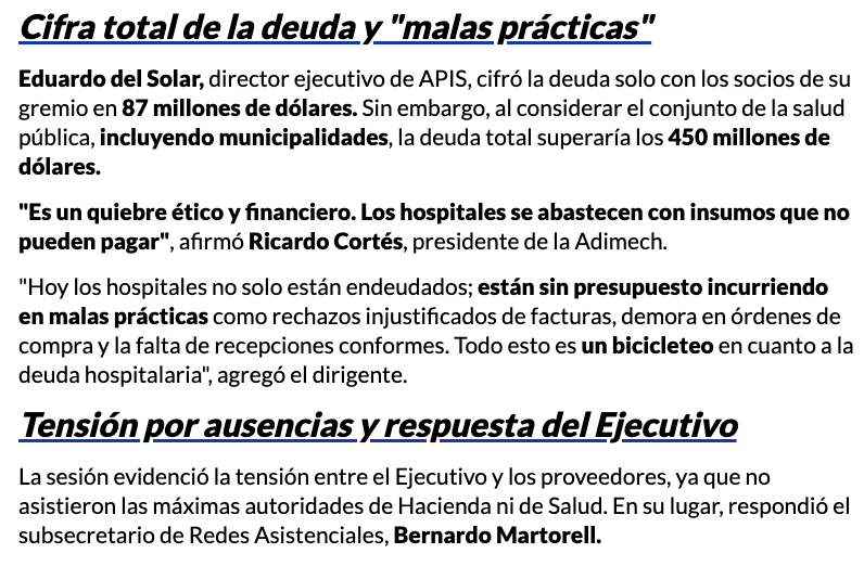Impresiona lo irresponsable del actual Gobierno: proveedores de la salud denuncian deuda de US$87 millones de hospitales. Pero al considerar el conjunto de la salud pública, incluyendo municipalidades, deuda total superaría los US$450 millones. Algunos hospitales no pueden pagar: