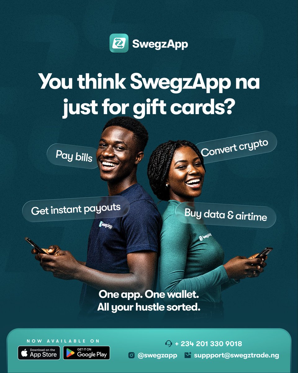 If you are still using 3 different apps to manage your hustle… you are doing it wrong o 😂
With swegzapp, you can 
✅ CONVERT CRYPTO 
✅ BUY DATA &amp; AIRTIME 
✅ PAY BILLS 
✅GET INSTANT PAYOUTS

Everything in one place. Easy.  Fast .Reliable 
#swegzapp